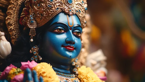 Blue Hindu deity statue with ornate golden crown detail.