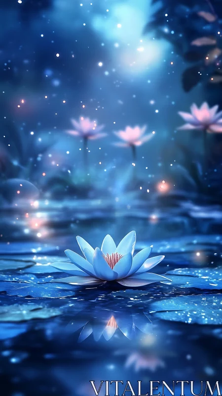 Moonlit lotus blooms in a dreamy blue enchanted water garden