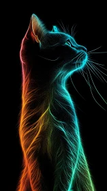 Neon edge-traced feline silhouette with chromatic light flow.