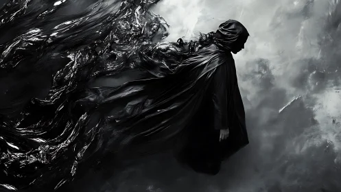 Digital painting of cloaked figure dissolving into black void.