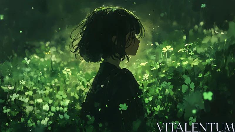 Girl silhouette in glowing green clover field at dusk.