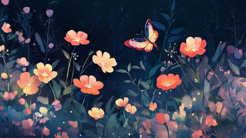 Luminous Nocturnal Garden with Butterfly Migration.