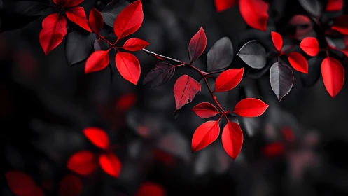 Crimson foliage branch with deep black bokeh background.