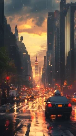 Rainy city avenue with taxis and distant skyline at dusk.