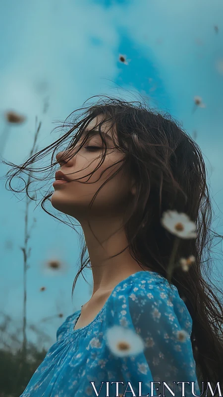 Wind-kissed dreamer leans into wildflower-blue afternoon hush