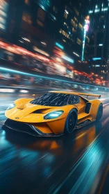 Neon rain turns a yellow supercar into a lightning streak