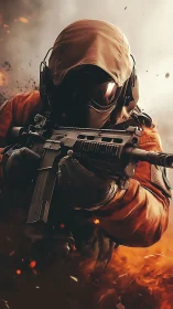 Hooded firestorm trooper charging through flying embers.