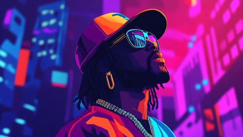 Neon city portrait glows with bold hip hop attitude.