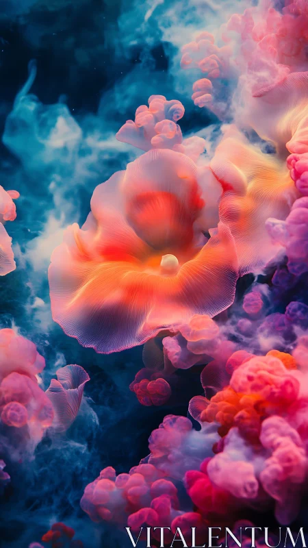 Abstract jellyfish-like forms glow in dense colored clouds