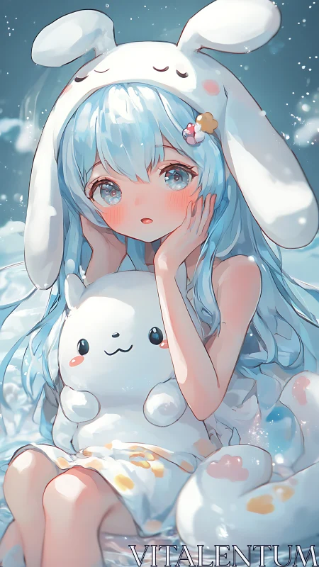 Soft blue-haired girl cuddling bunny plush in gentle water.