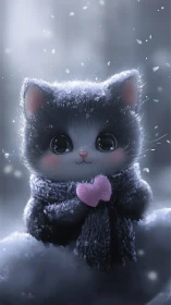 Adorable Snow-Covered Cat with Pink Heart in Winter Wonderland