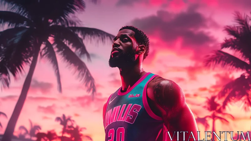 Sunset-lit basketball star stands proud under tropical palms