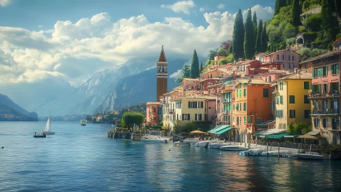 Lakeside town with boats, bell tower and distant mountains
