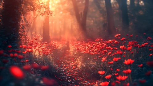 Sunlit forest path lined with glowing red wildflowers.