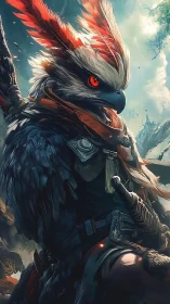 Armored hawk warrior stands amid stormlit forest sky.