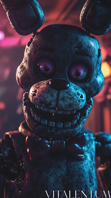 Glitch-eyed animatronic bunny grins under neon hauntlight.