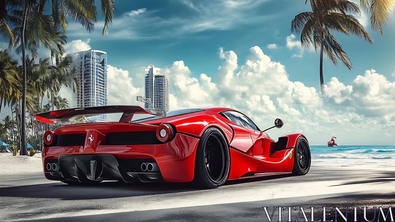 Red hypercar dominates sunlit tropical beachfront boulevard.
