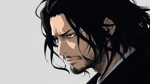 Brooding anime man gazes downward with quiet determination