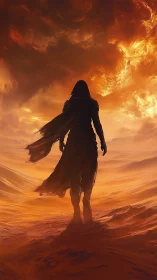 Hooded figure on windswept desert under burning sky.