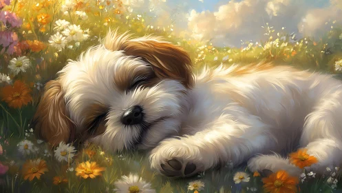 Puppy sleeping in wildflower meadow under warm diffused light