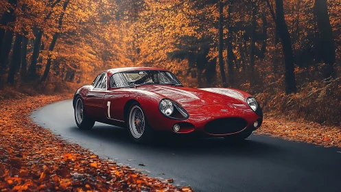 Classic red sports car glides through golden autumn forest