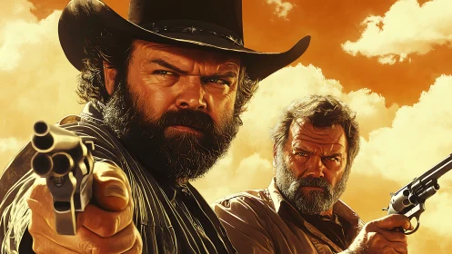 Dustborn gunslingers under molten skies, staring you down.