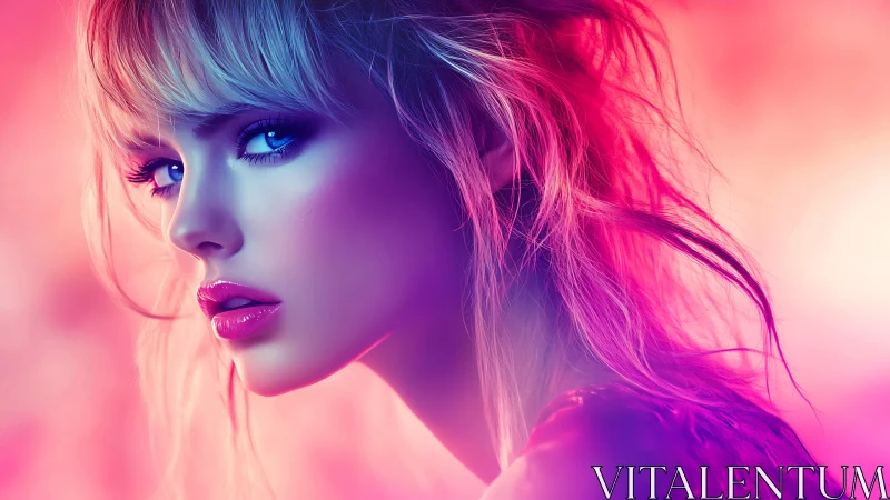 Luminous neon portrait of a dreamy, blue eyed young woman.