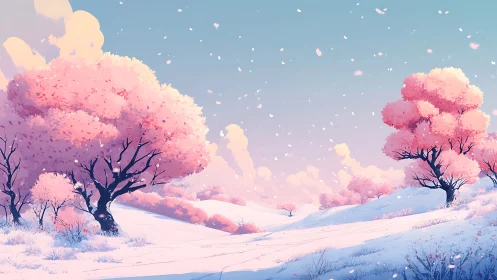 Pink blossoming trees stand over rolling snowy landscape