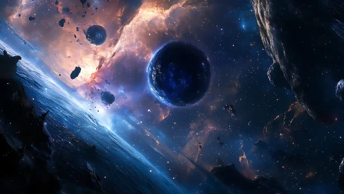 Starlit collision course in a storm of drifting worlds.