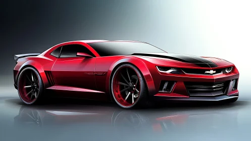 Red Chevrolet sports car rendering with bold black stripes.