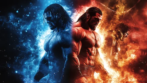 Dual elemental warriors divide frame into blue energy and fire