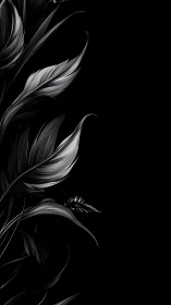 Monochrome botanical leaves on black vertical background.