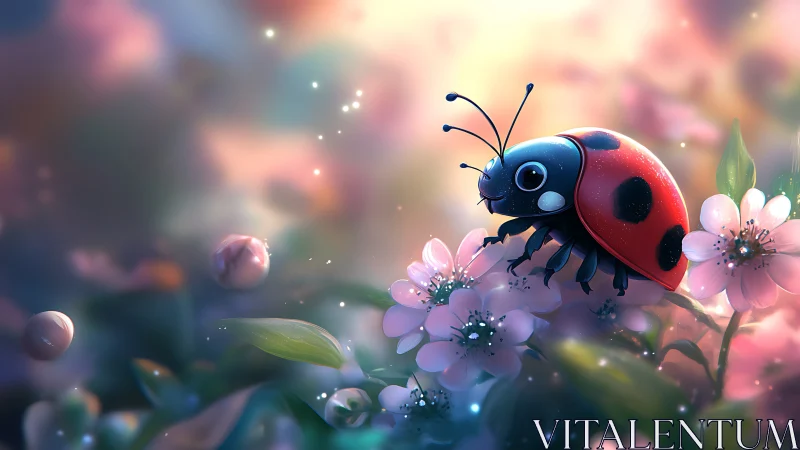 Gentle ladybug resting in dreamy pastel spring garden.