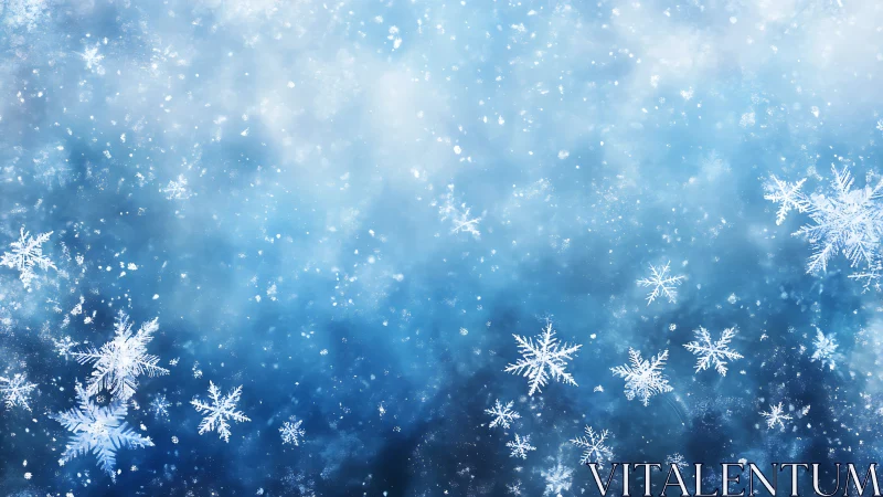 Snowflakes drift across luminous blue winter background