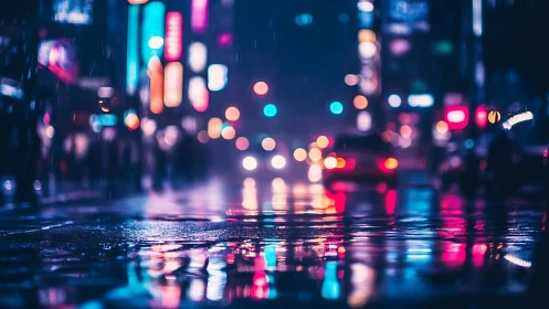 Neon rainstorm drapes a city street in electric reflections.