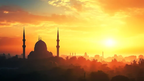 Golden sunrise embracing a tranquil city skyline mosque.