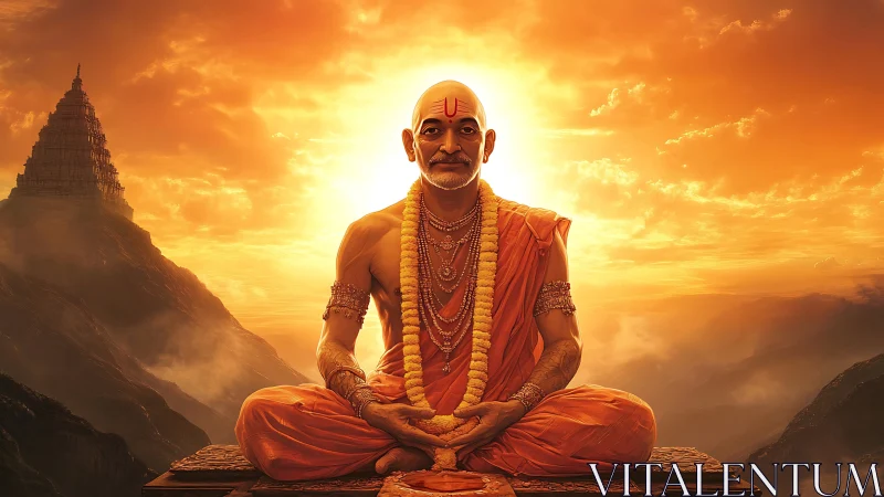 Digital painting of meditative guru in radiant sunset symmetry.