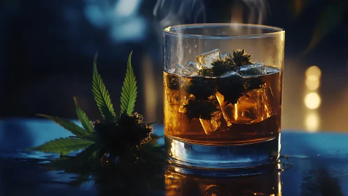 Whiskey glass with ice and botanical specimen on dark surface
