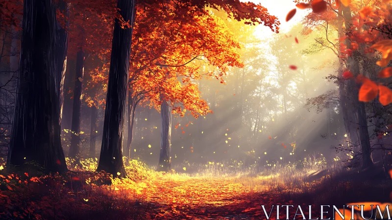 Autumn Forest Path: Golden Leaves and Misty Radiance.