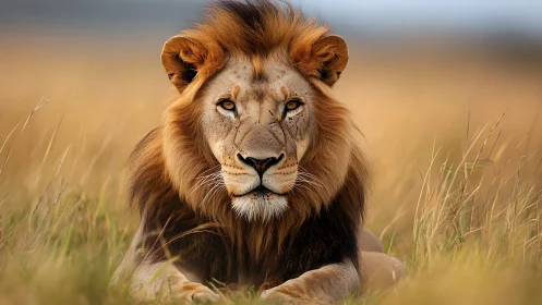 Golden-maned lion rests calmly in soft savanna grasslands