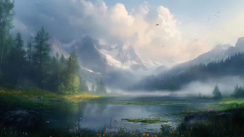 Mountain lake sits below snow peaks and dense forest