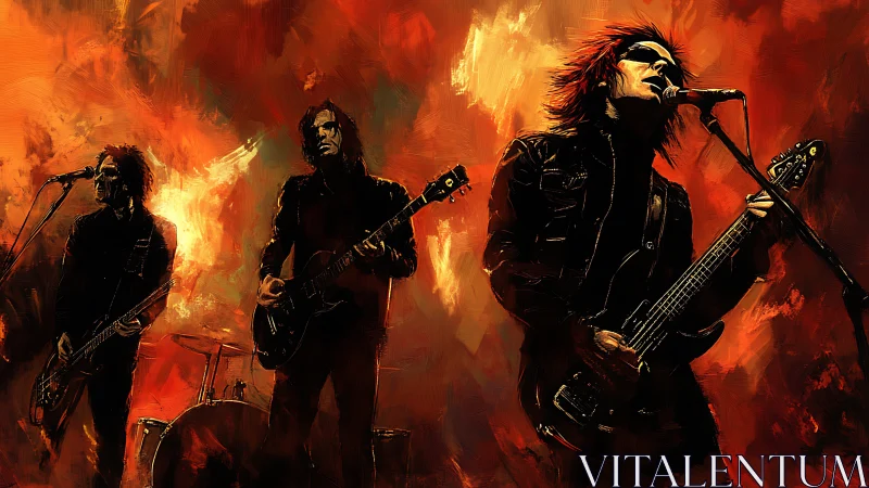 Rock band ignites a fiery stage in expressive digital art.