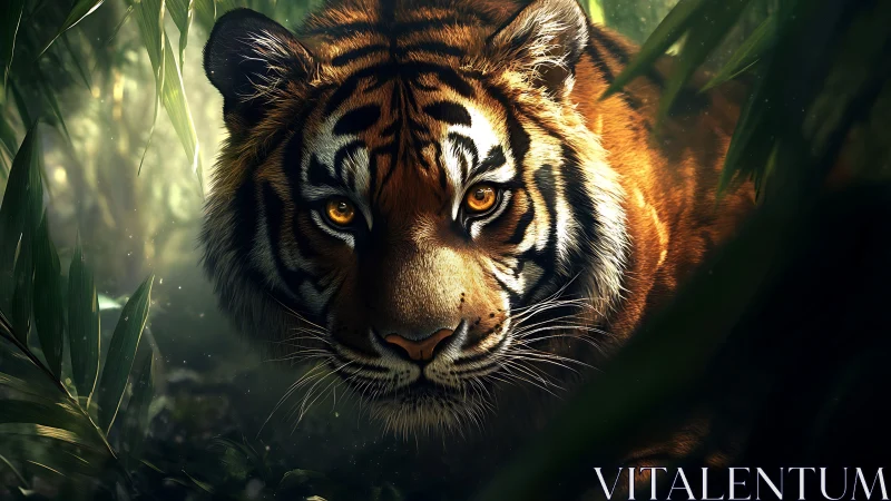 Tiger’s amber gaze pierces lush jungle shadows in silence.