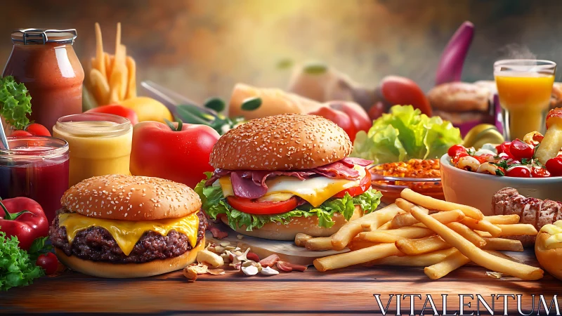 High-saturation fast-food spread with burgers, fries, sauces, salads