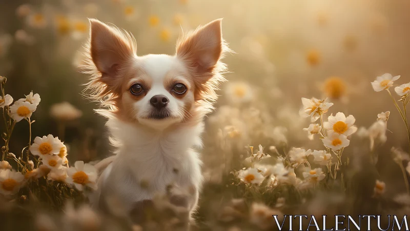 Long-haired Chihuahua sits in soft golden meadow light