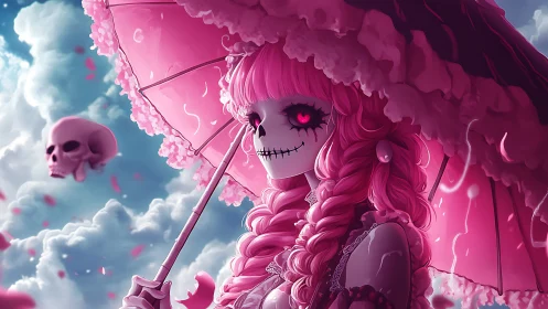 Pink haired skeleton doll holds parasol under cloudy sky