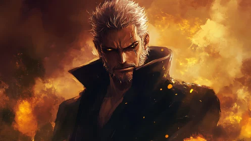 Brooding silver‑haired antihero within blazing inferno backdrop.