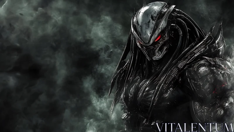 Armored alien hunter emerges from smoke with red eyes.