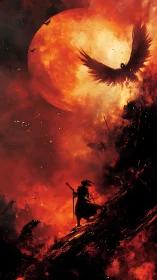 Warrior under blood red moon confronting dark phoenix.