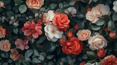 Garden roses and dahlias with dark green foliage in mixed arrangement